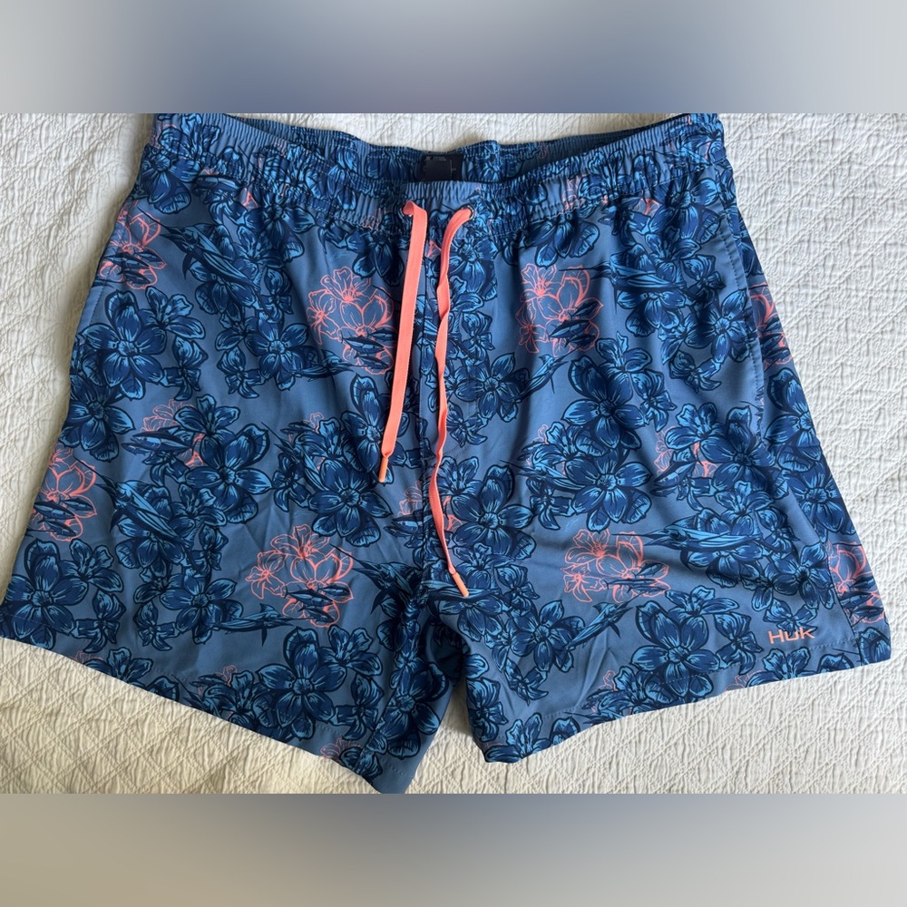 Huk Blue Floral Swim Trunks with Coral Drawstring Size XL